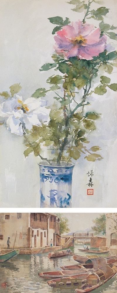 李咏森 水彩（月季、柯桥风光） （二幅） 47×27cm；25×36.5cm