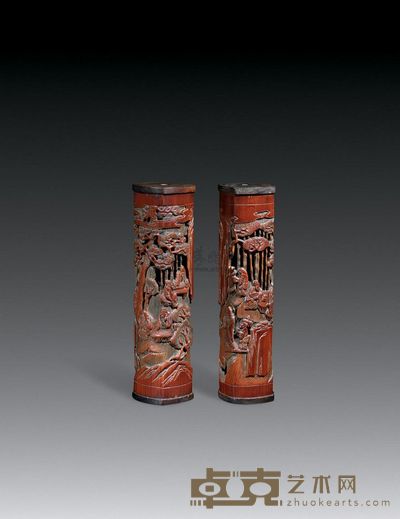 清 竹雕竹林七贤香筒 (一对) 直径6.2cm;高23.4cm