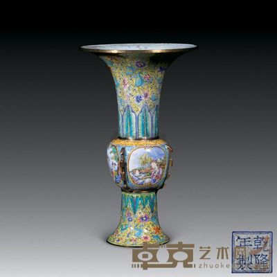 清·乾隆 铜胎画珐琅西洋仕女觚式尊 口径12cm；底径6.3cm；高20cm
