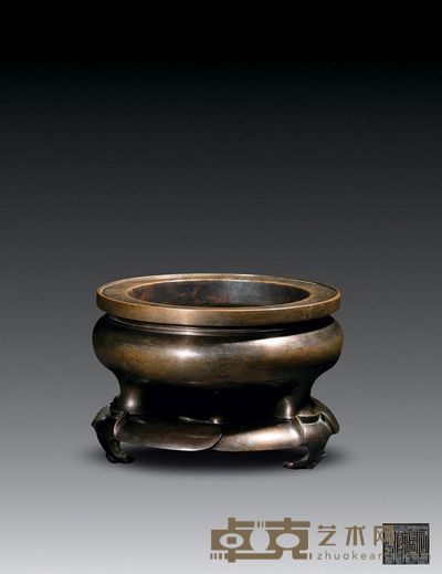 明 铜嵌银石叟款三足带座香炉 直径15.6cm;高10.8cm