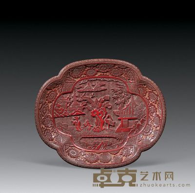 明 剔红范仲淹访林和靖海棠形盘 长21.2cm;宽17.3cm