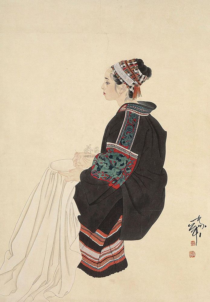 何家英 织衣图 镜心93×66cm