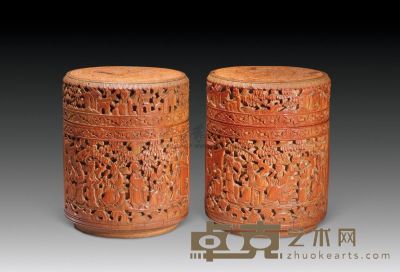 民国 竹雕人物故事图茶叶罐 （二件） 高16cm