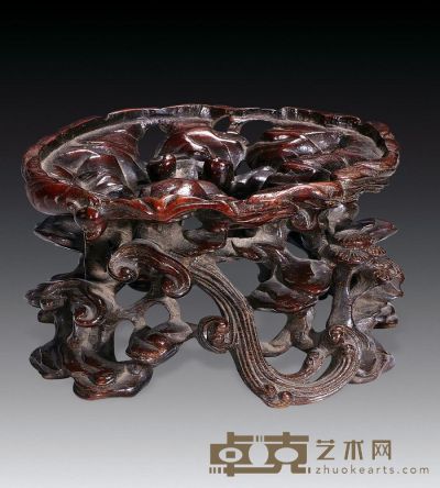 清 红木镂空雕灵芝纹座 长13.5cm