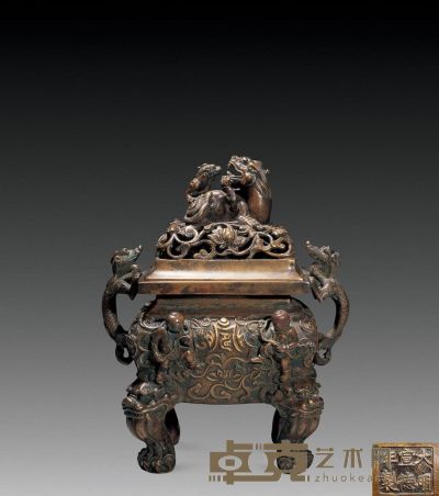 明 铜鎏金带盖莲塘婴戏纹方炉 长16.6cm；高20.8cm