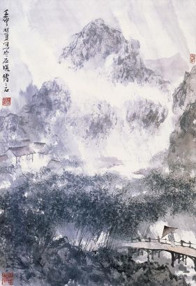 傅二石 壬申（1992年）作 风雨归人图 立轴