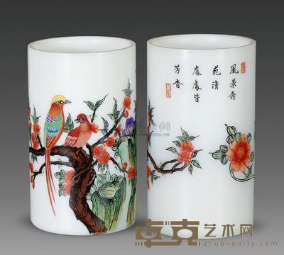 清康熙 料胎画珐琅花鸟纹笔筒 (一对) 高14.3cm;口8cm;底8cm