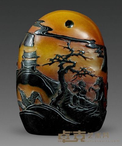 清代 寿山带皮“高仕访友”薄意摆件 90.20×68.5×35.74mm;重425g