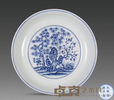明宣德 青花人物三友敞口盘 高4.4cm；口21.6cm；底13.9cm