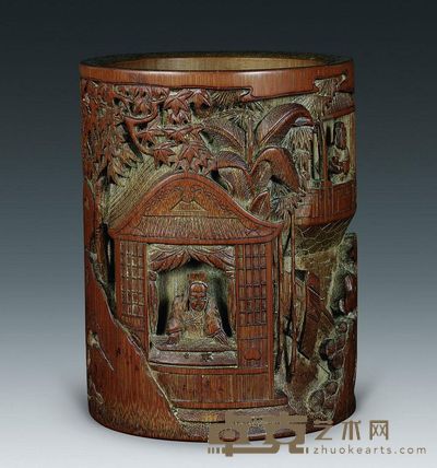 清代 竹雕人物故事笔筒 高15.5cm；口12.1cm；底11.9cm；重391g