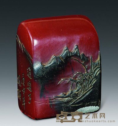 清代 寿山留皮山水风景“逍遥子”印章 45.02×34.76×21.33mm；重77.336g