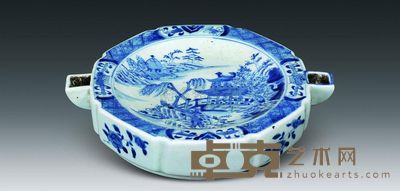 清代 青花山水楼阁纹暖盘 高25cm；底18.7cm