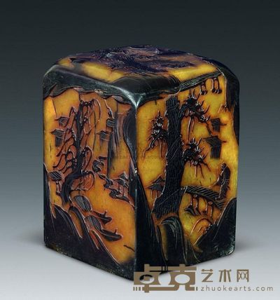 清代 寿山留皮薄意雕山水高仕大方章 205×138×142mm；重10401g