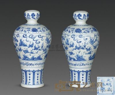 明成化 青花婴戏图敛口瓶 （一对） 高23cm；口3cm；底7cm