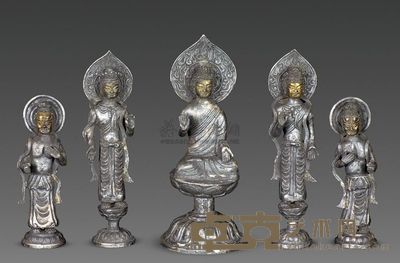 唐代 银鎏金佛像 （一组五件） 通高15.5cm；总重651g