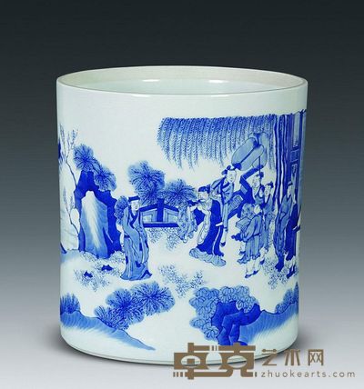 明末 青花人物故事图笔筒 口20cm；底19.3cm；高21.3cm