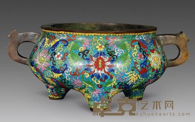 清代 铜胎珐琅花卉纹双耳三足炉 口16.7cm；高11cm