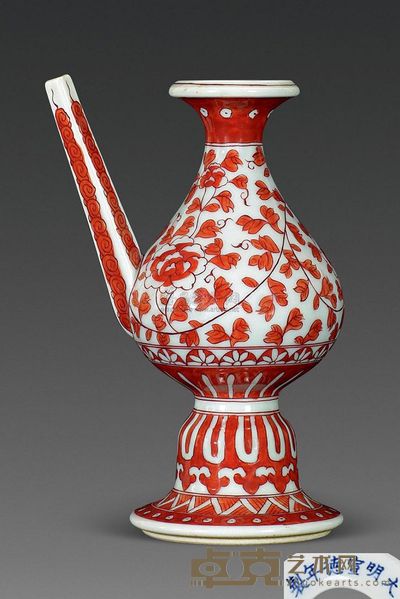 明宣德 红彩缠枝花叶纹军持 高21.5cm；口6cm；底10cm