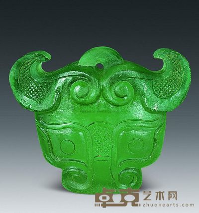 汉代 绿色琉璃兽面佩 长5cm；重38g