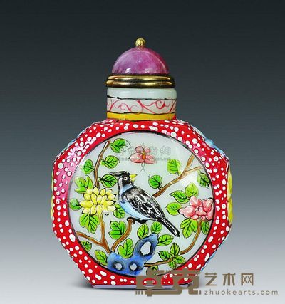 清代 料胎珐琅彩花鸟纹鼻烟壶 高6.5cm；口2cm；底2.7cm