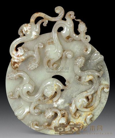 汉代 白玉螭纹出廓璧 长15cm；重325g