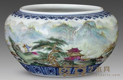 清代 粉彩山水风景图笔洗 高10cm；口12.5cm；底9.6cm
