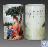 清康熙 料胎画珐琅母子图笔筒 （一对）