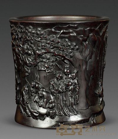 明末清初 朱三松雕紫檀人物故事笔筒 高14.3cm；口14cm；底12.2cm；重653g