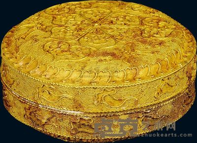明代 黄金鱼籽地花鸟圆形盖盒 高3cm；口6.6cm；重183g；含金量83%