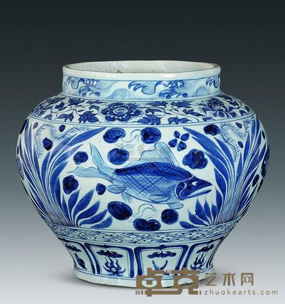 元代 青花鱼藻纹大罐 高29cm；口21.6cm；底19.5cm
