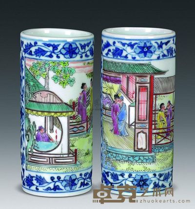 清代 青花开光粉彩人物故事图笔筒 （一对） 高11.3cm；口5.3cm
