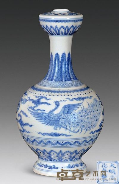 明成化 青花凤纹蒜头瓶 高24cm；口2.5cm；底8cm