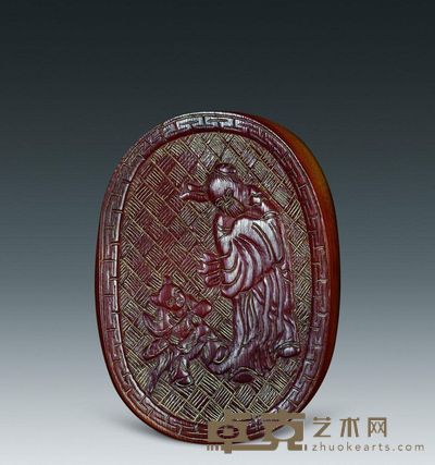 明代 犀角雕携琴访友牌 长5.2cm；重13g