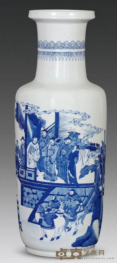 清康熙 青花人物故事图棒槌瓶 口13.5cm；底14.5cm；高49.5cm