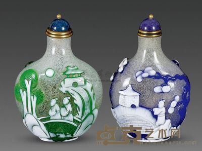 清代 京作套料山水人物鼻烟壶 （一对） 高8cm；口1.5cm；底2.5cm
