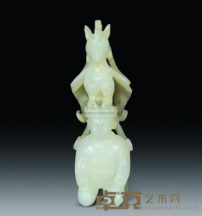 汉代 白玉跪人神鸟摆件 重35g；高7.4cm