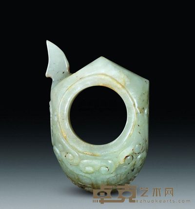 汉代 青白玉兽面纹韘 长6cm；重52g