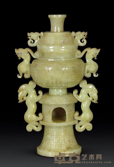 汉代 黄玉夔纹龙耳盖炉 高28cm；口8cm；重1903g