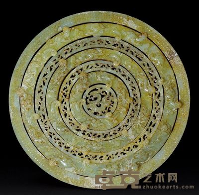 汉代 青黄玉螭龙纹转心璧 直径28.5cm；重849g