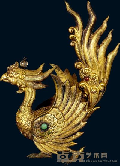 唐代 铜鎏金浴火凤凰摆件 高31.5cm；重1199g