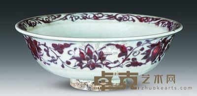 元代 釉里红莲池纹碗 高8cm；口21cm；底7cm