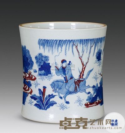 清康熙 青花釉里红鬼谷子下山笔筒 高21cm；口20.4cm；底20cm