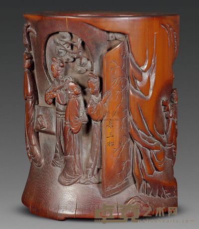 明末清初 朱三松竹雕人物故事笔筒 高16.2cm；口13.8cm；重449g