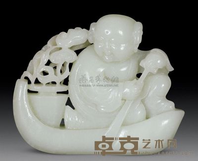 清代 青白玉童子泛舟摆件 重131g；长8cm