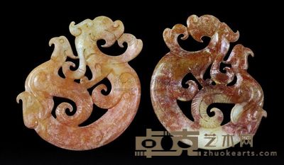 汉代 白玉龙凤纹佩 （一对） 通长7.3cm；总重110g