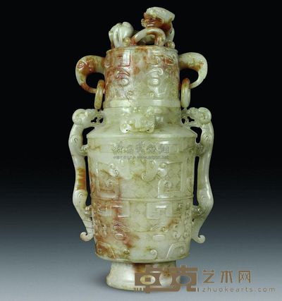 汉代 青白玉螭纹盖瓶 高26.5cm；口7.5cm；底7.2cm；总重1385g