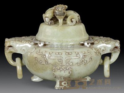 清代 青玉狮耳炉 通高9.5cm；重463g