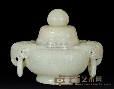 清代 白玉痕都斯坦风格蕃莲双耳盖炉 重404g；高10cm；口5.9cm；底5.7cm