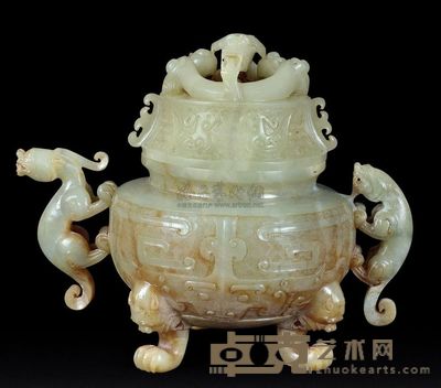 汉代 青白玉龙纹盖炉 高17.6cm；口10cm；总重1273g