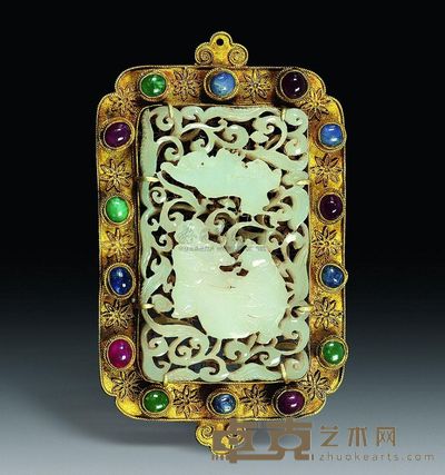 明代 金镶玉镶宝石童子纹佩 